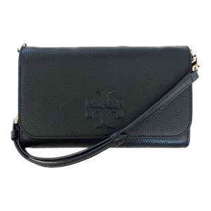 【Tory Burch】Women's Thea Flat Wallet Pebbled Leather Crossbody 75029 Black